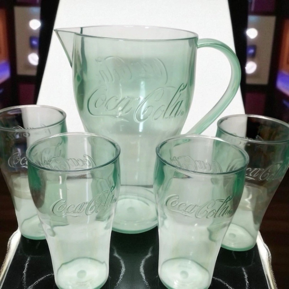 NIB Coca-Cola Bell Soda‎ Set 5 Piece Pitcher & 4 Drinking Cups Plastic VTG NOS